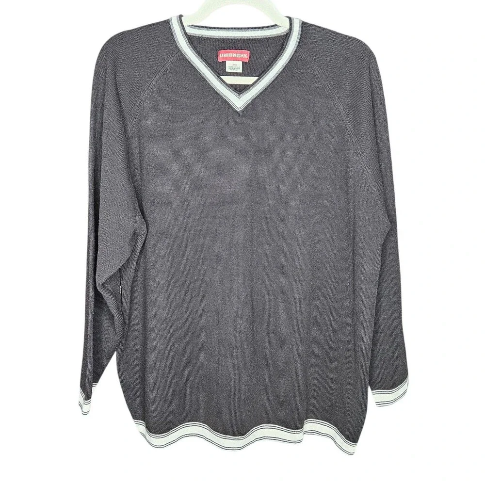 Unionbay Sweater Mens Large Black White Trim Long Sleeve V Neck Knit Casual Y2K